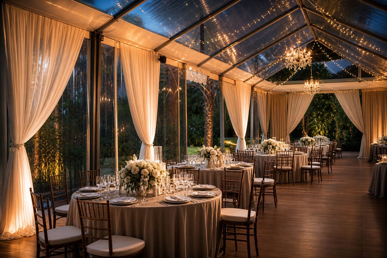 Cortinados e fechamentos laterais: Como adicionar elegância ao toldo do seu casamento