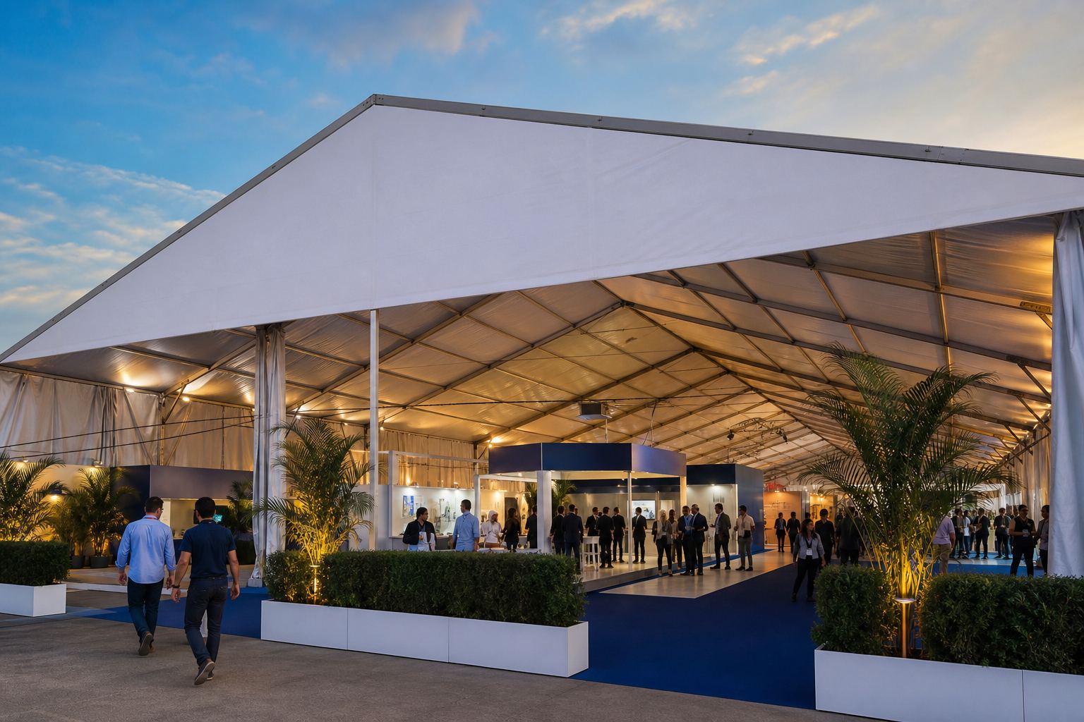 Montagem de tendas de grande porte para feiras de negócios e exposições